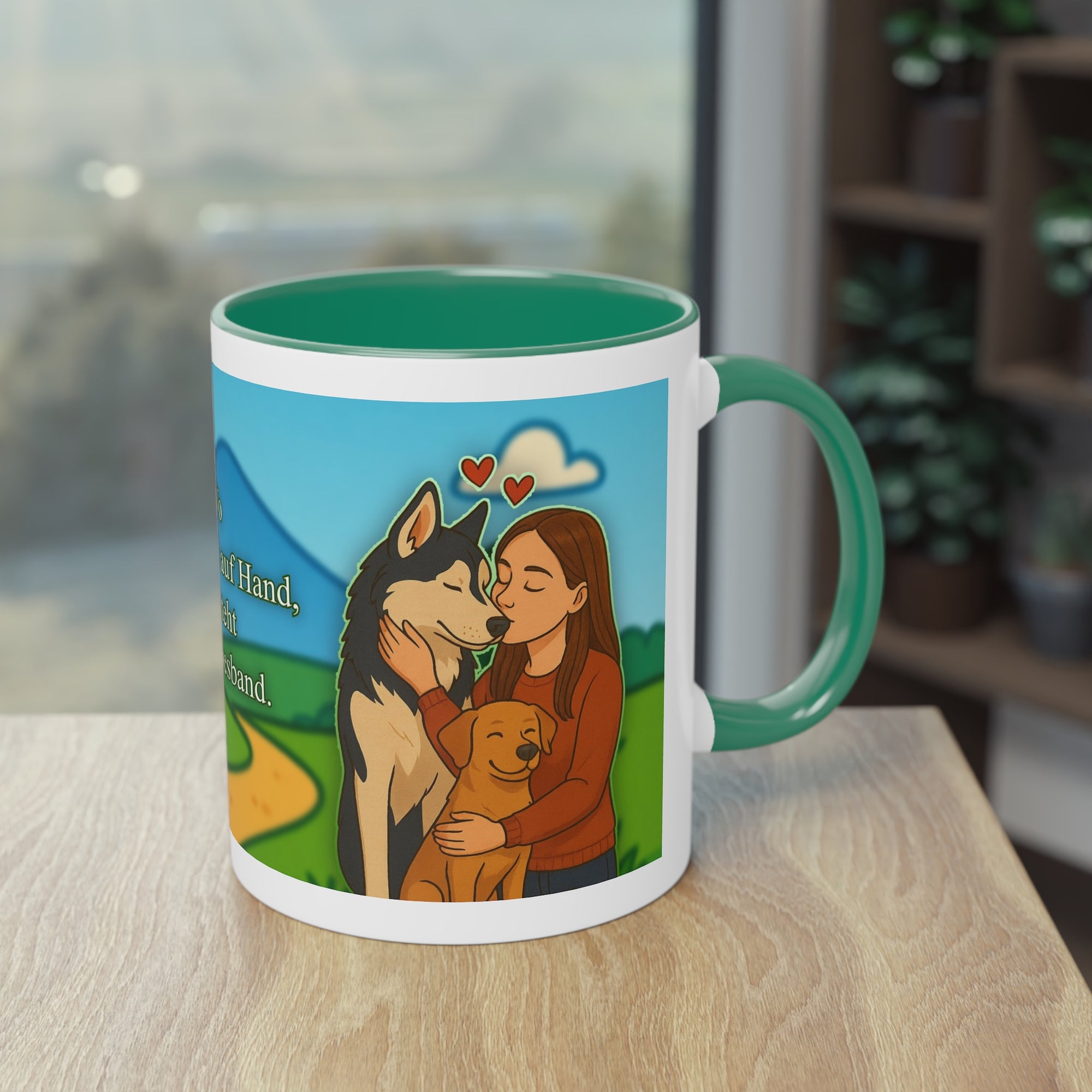 Tasse – „Hund und Katzenliebe mit Frau“ im Comic-Stil, 325 ml