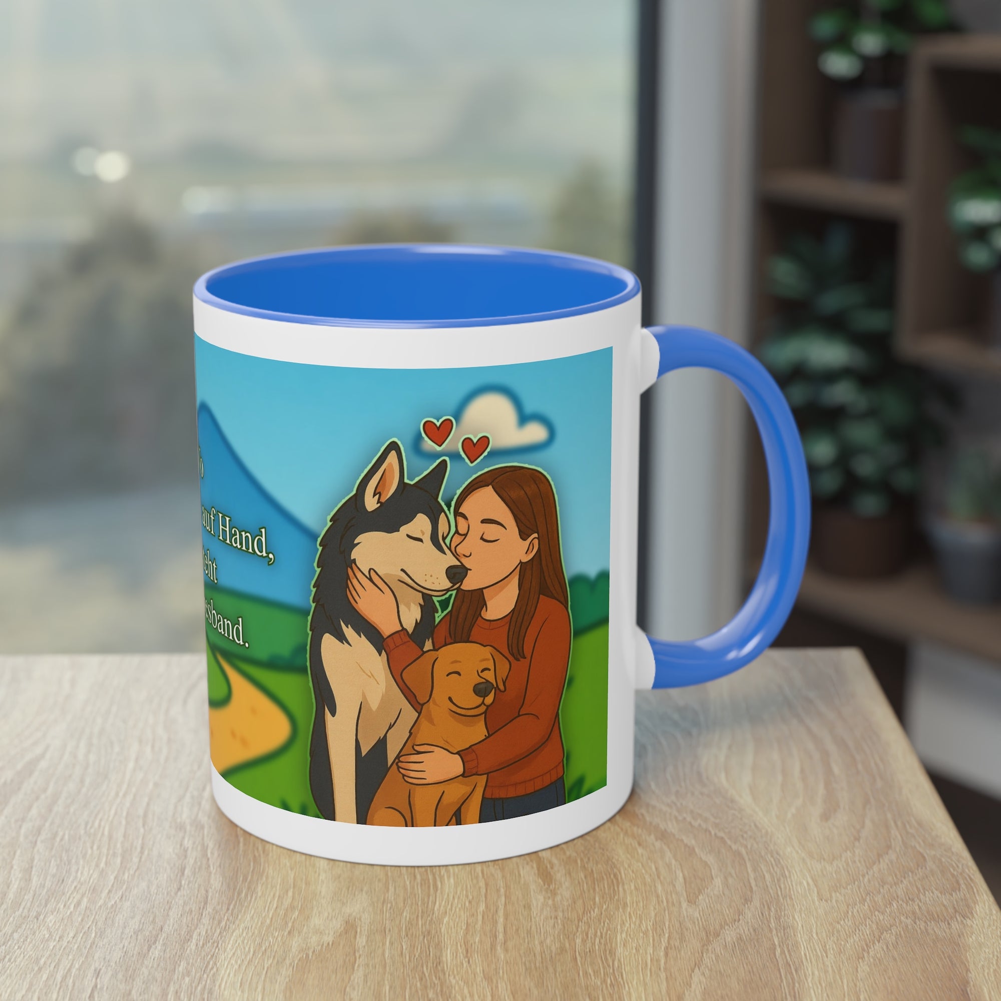 Tasse – „Hund und Katzenliebe mit Frau“ im Comic-Stil, 325 ml