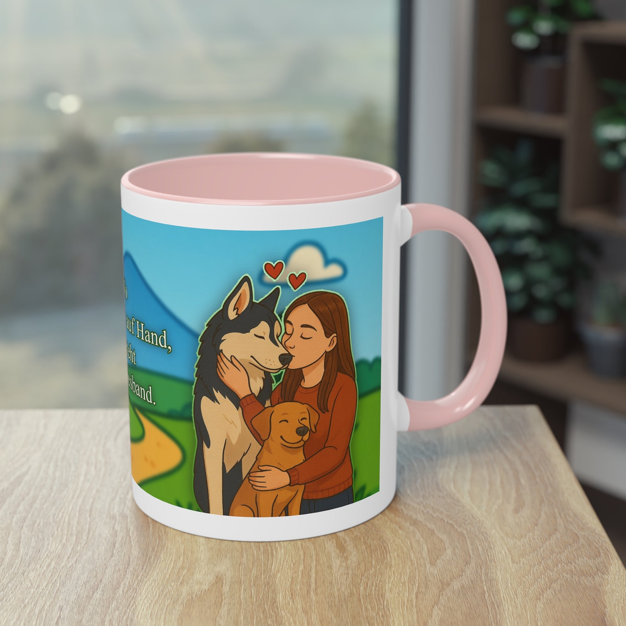 Tasse – „Hund und Katzenliebe mit Frau“ im Comic-Stil, 325 ml