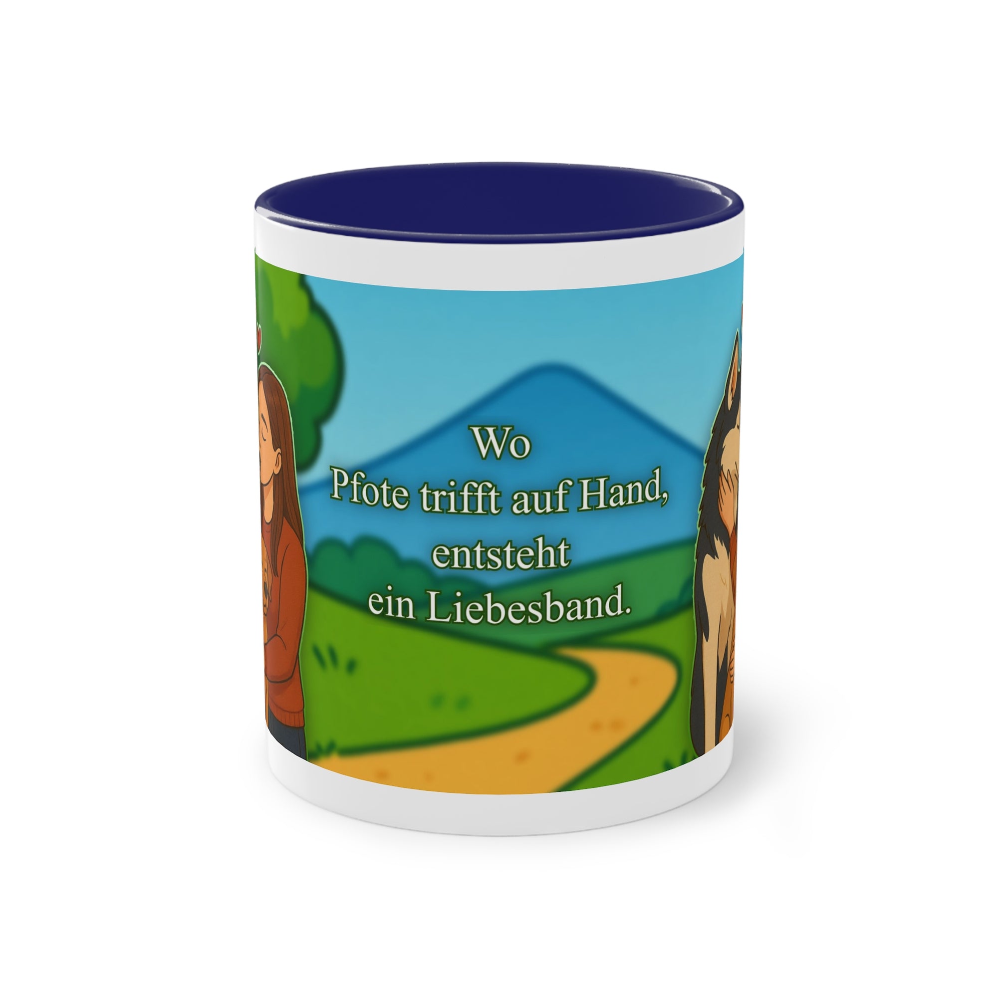 Tasse – „Hund und Katzenliebe mit Frau“ im Comic-Stil, 325 ml