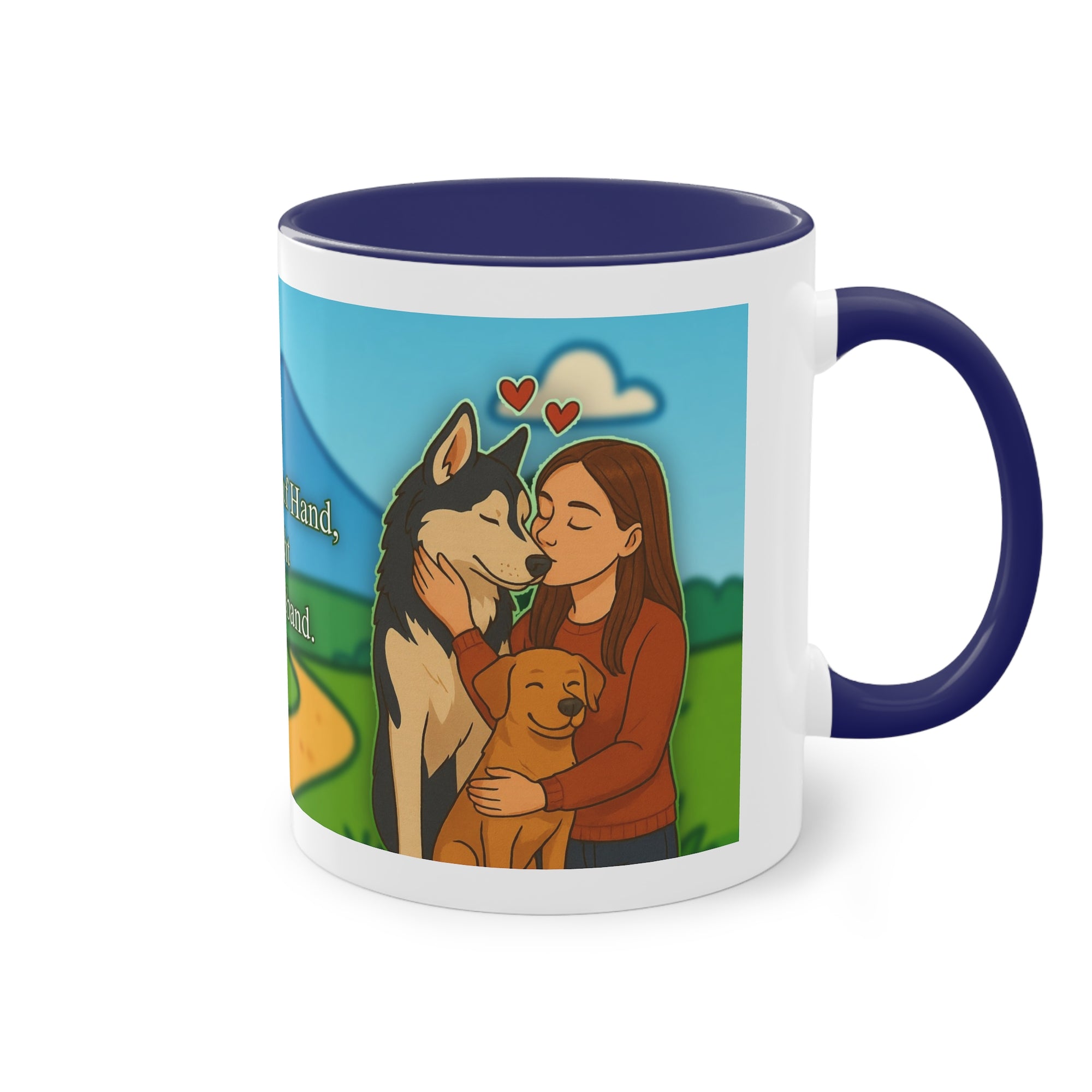 Tasse – „Hund und Katzenliebe mit Frau“ im Comic-Stil, 325 ml