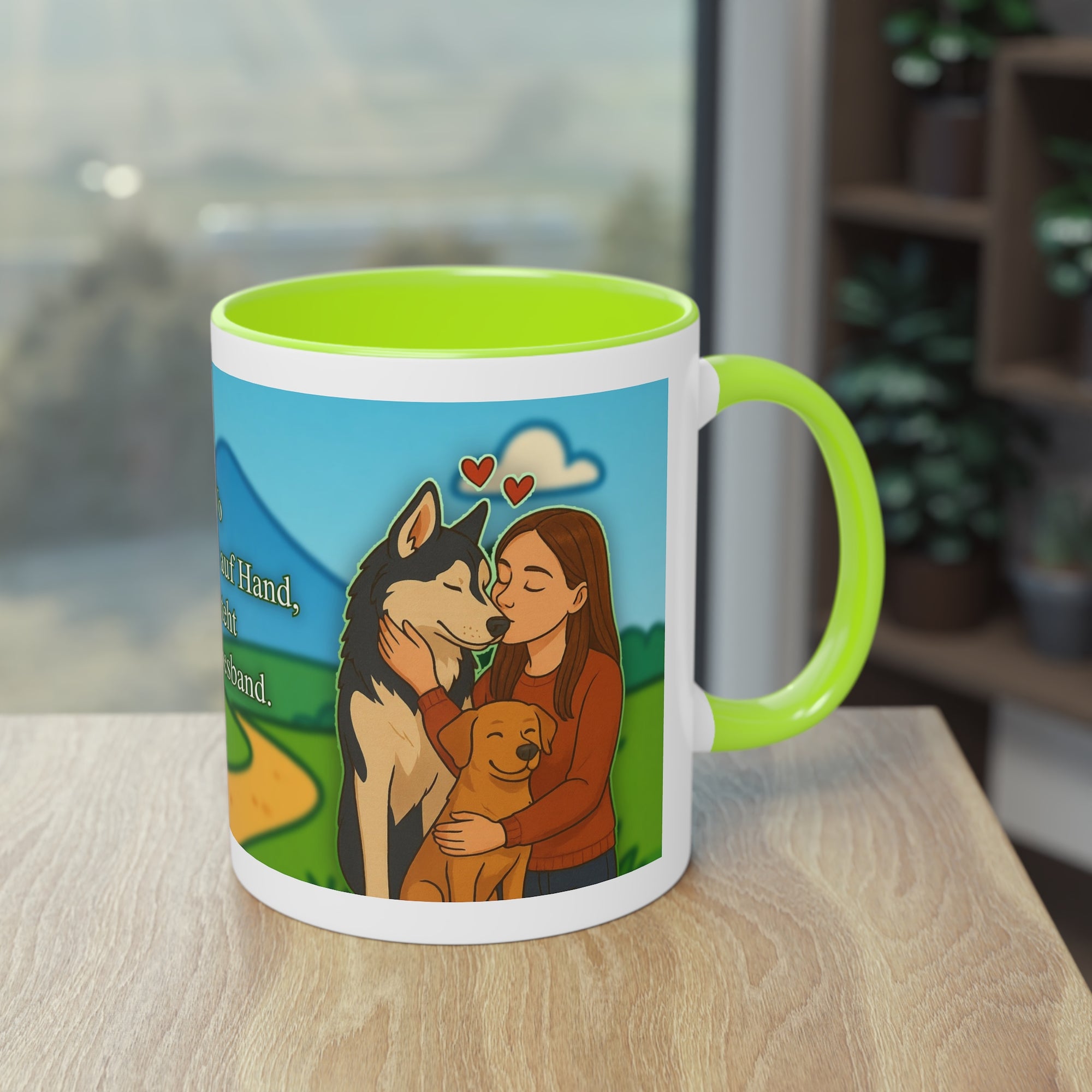 Tasse – „Hund und Katzenliebe mit Frau“ im Comic-Stil, 325 ml