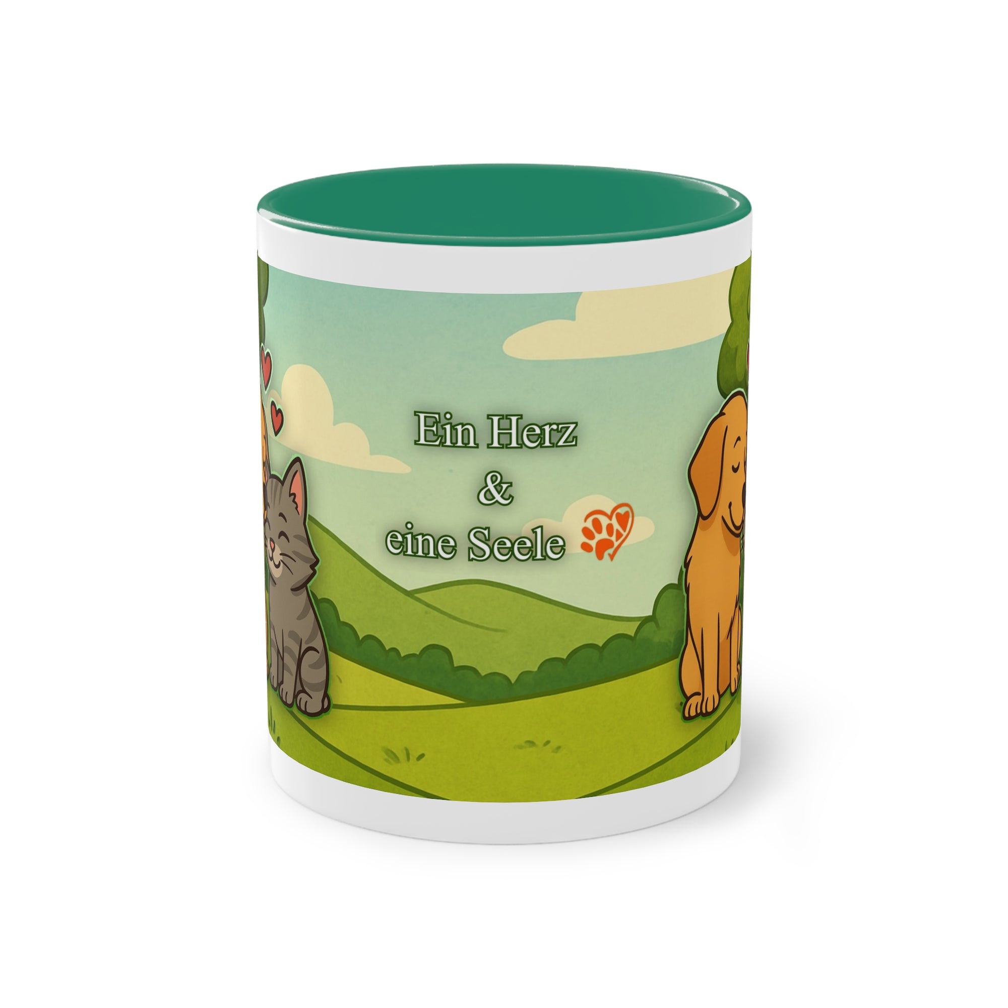 Tasse – „Hund und Katze mit Herzchen“ im Comic-Stil, 325 ml