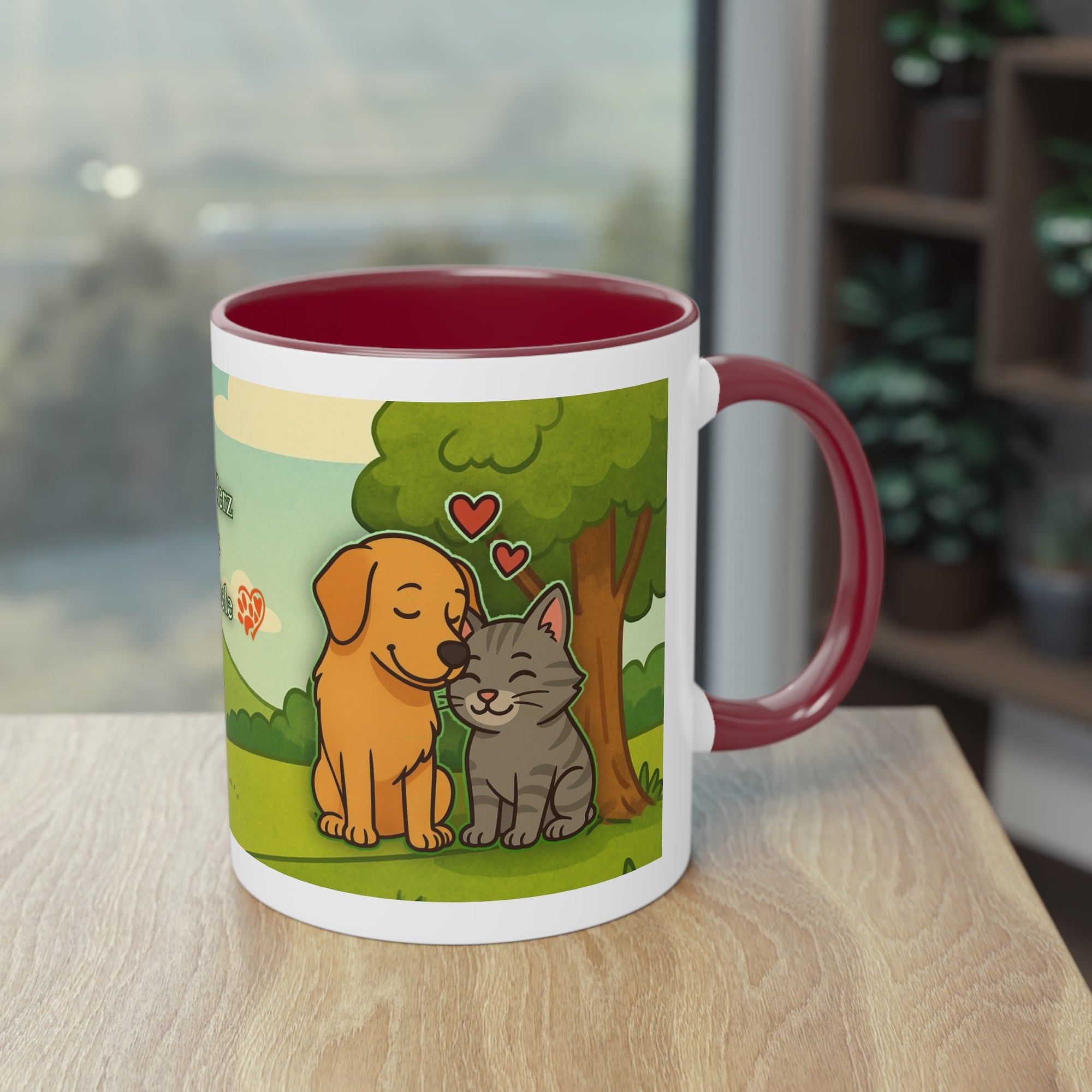 Tasse – „Hund und Katze mit Herzchen“ im Comic-Stil, 325 ml