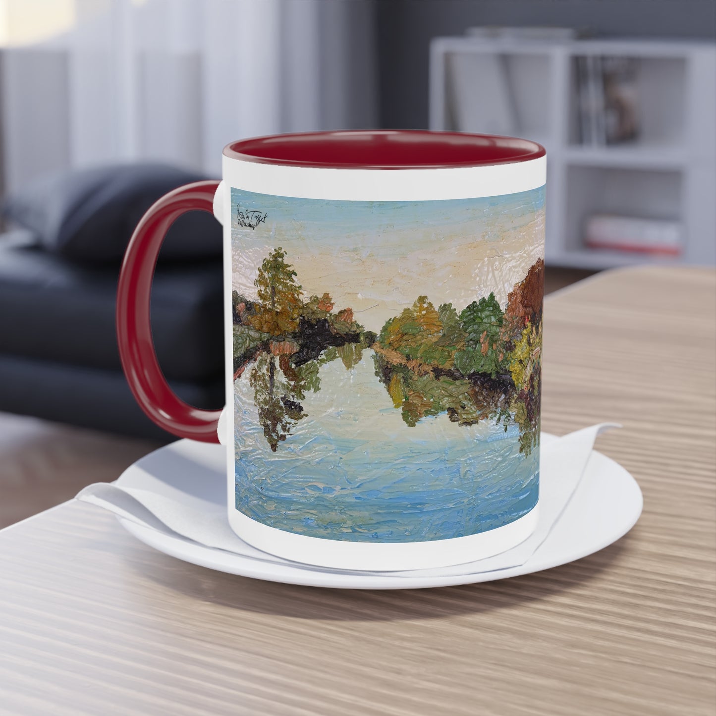 Künstlertasse „Blue River Motif“ Reproduktion eines Impasto-Ölgemäldes von Monika Taffet