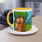 Tasse – „Hund und Katzenliebe mit Frau“ im Comic-Stil, 325 ml