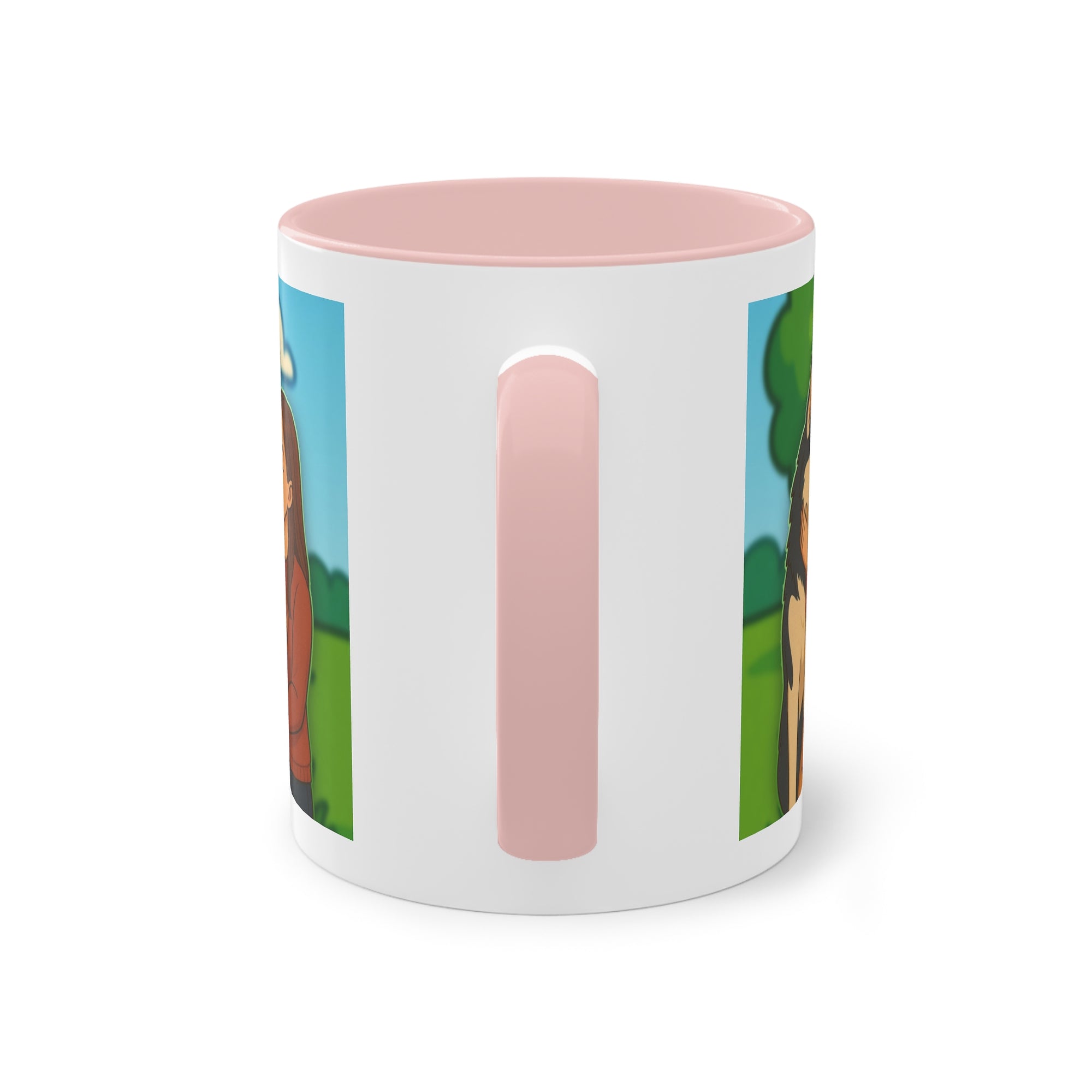 Tasse – „Hund und Katzenliebe mit Frau“ im Comic-Stil, 325 ml