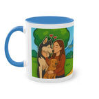 Tasse – „Hund und Katzenliebe mit Frau“ im Comic-Stil, 325 ml
