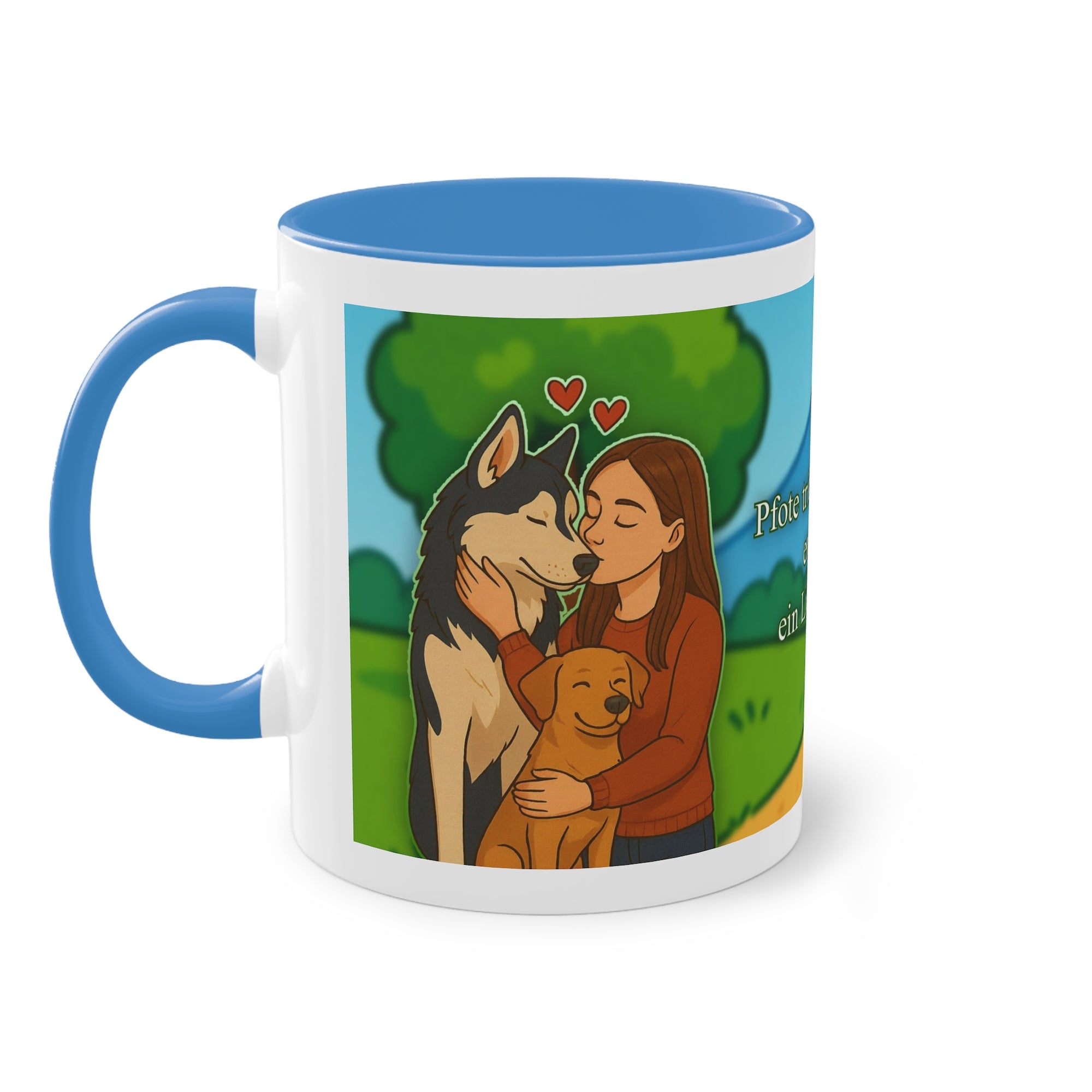 Tasse – „Hund und Katzenliebe mit Frau“ im Comic-Stil, 325 ml