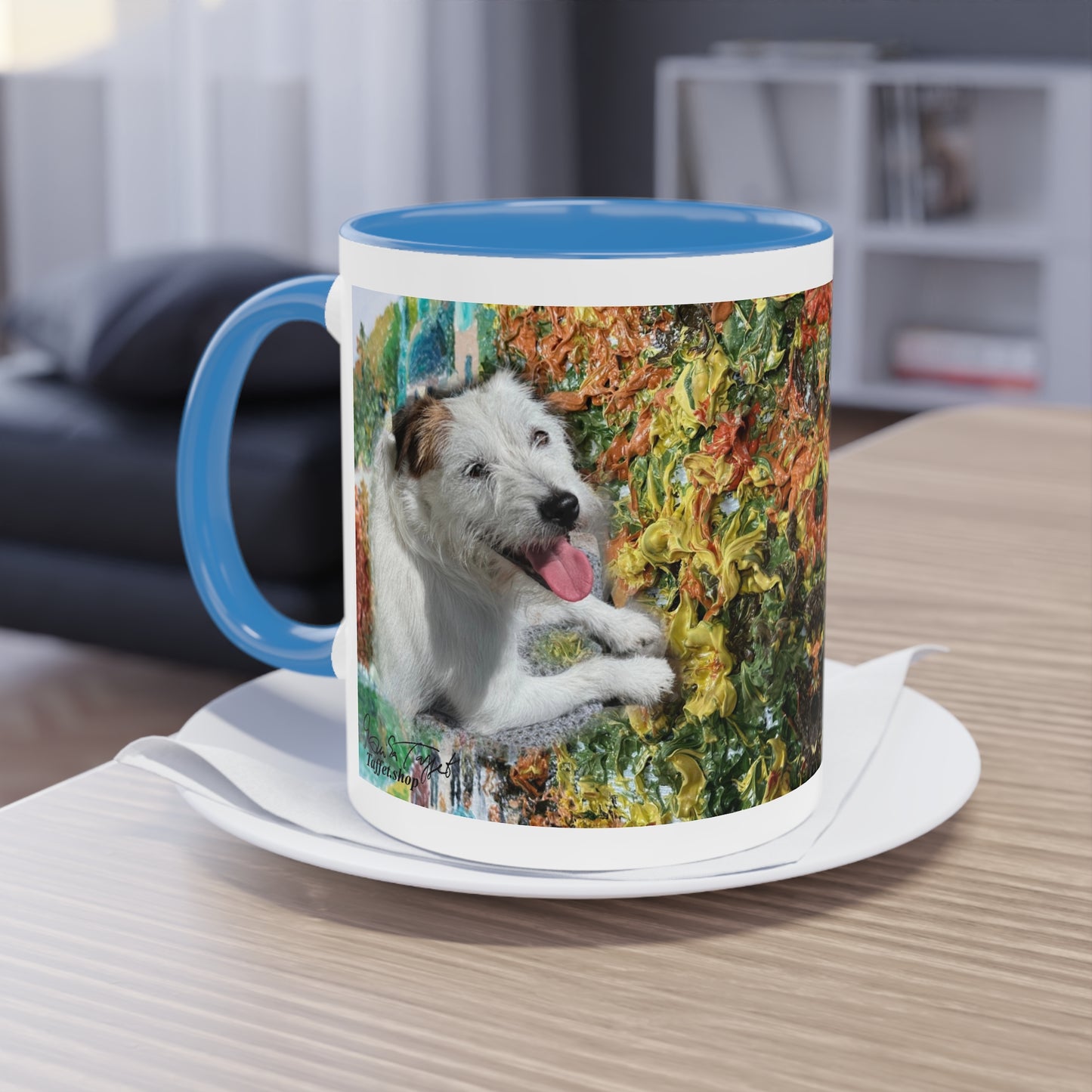 Künstlertasse „Parson Jack Russell Terrier Motiv (1)“ Reproduktion eines Impasto-Ölgemäldes von Monika Taffet