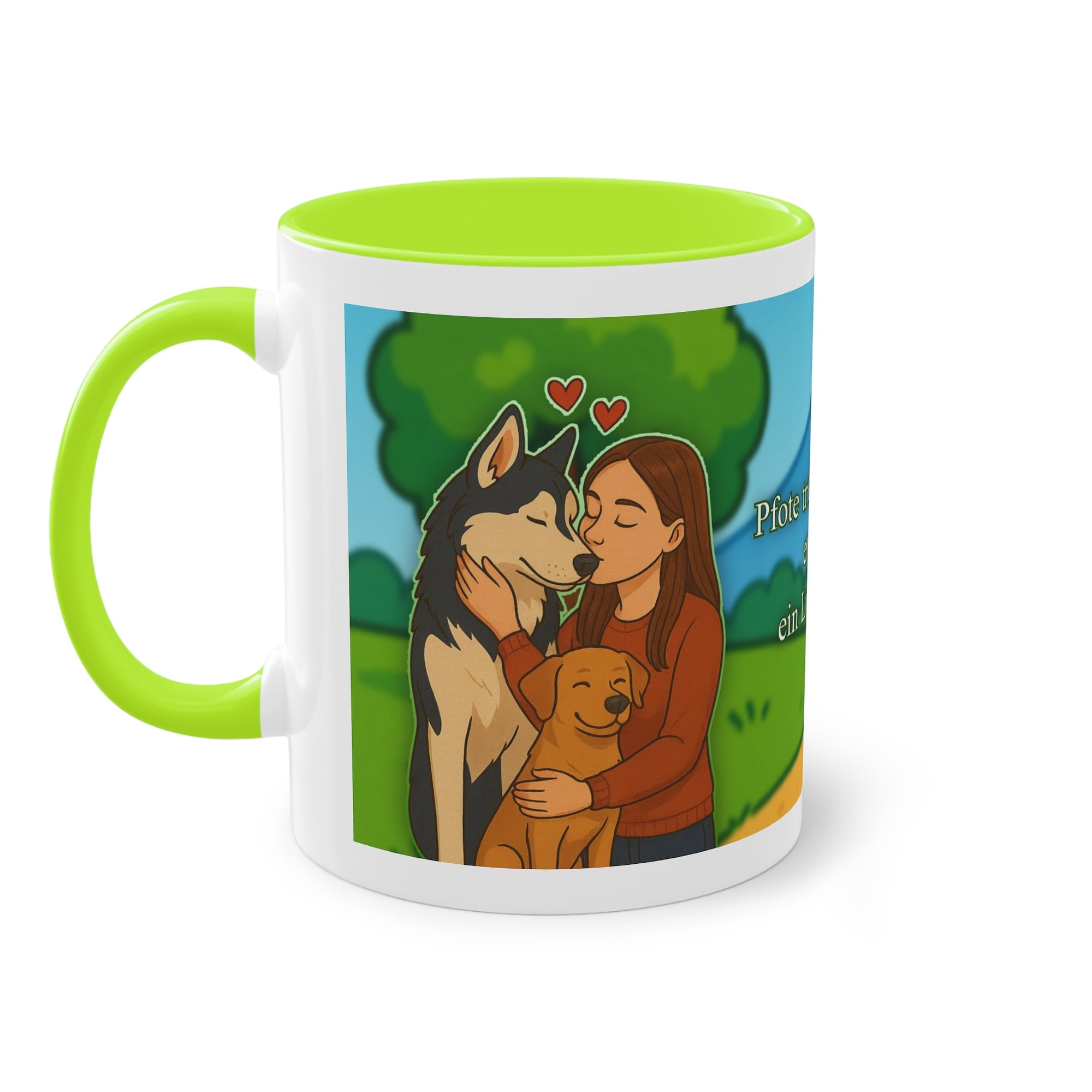 Tasse – „Hund und Katzenliebe mit Frau“ im Comic-Stil, 325 ml