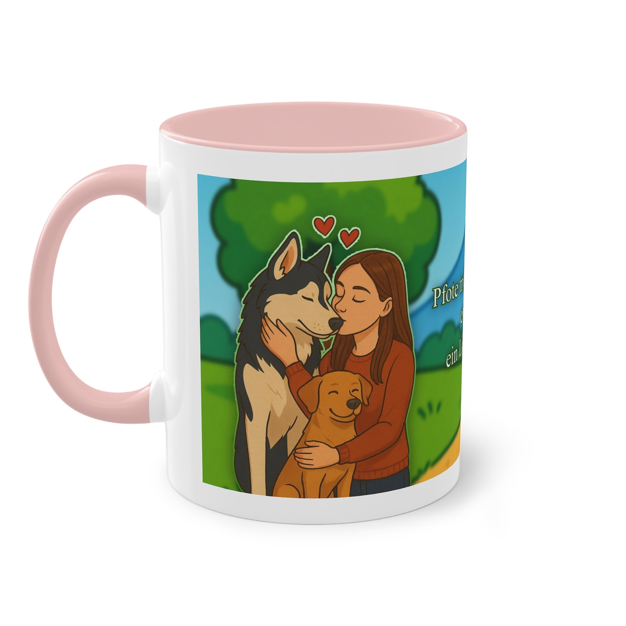 Tasse – „Hund und Katzenliebe mit Frau“ im Comic-Stil, 325 ml