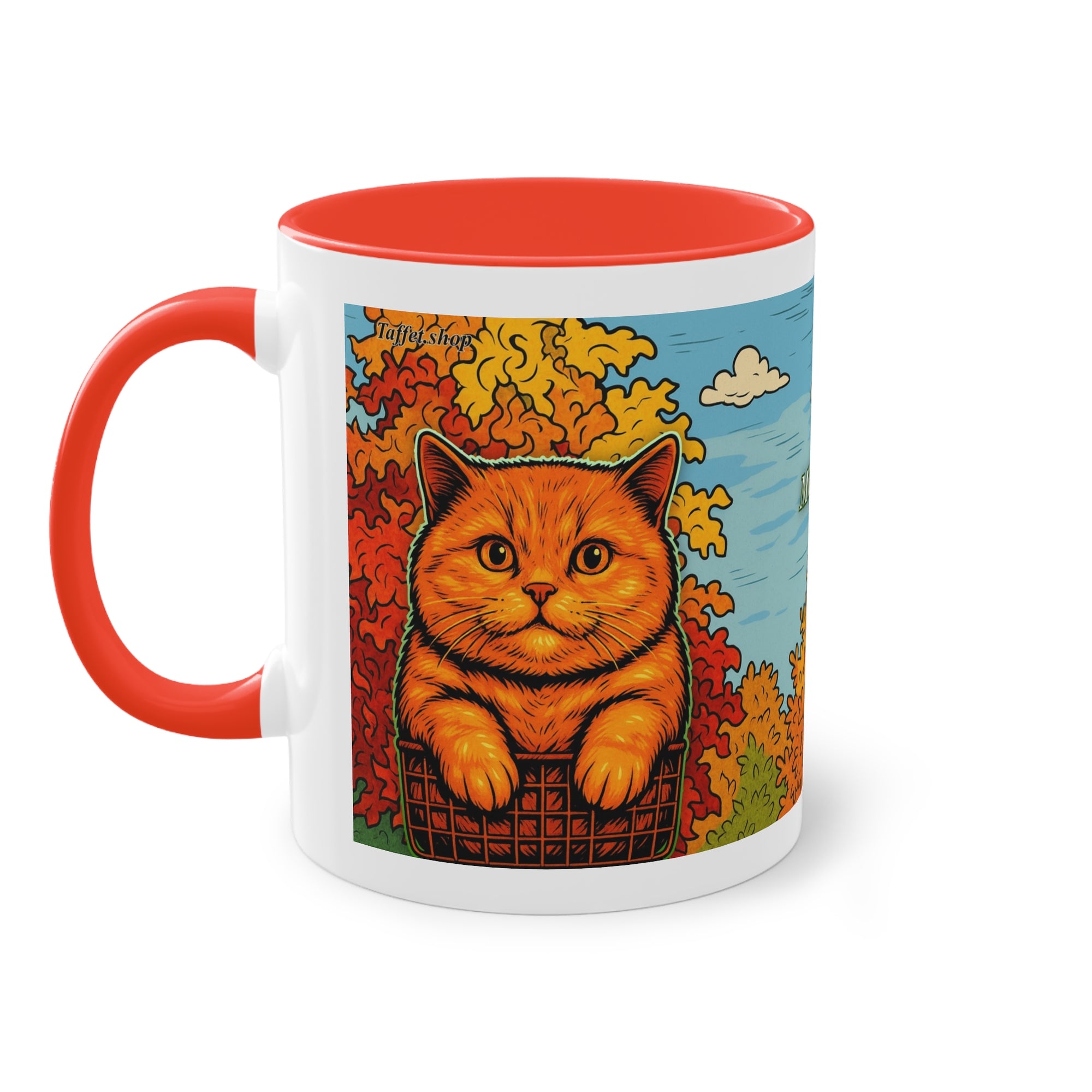 Tasse – Rote Katze mit Bäumen und blauem Himmel im Comic-Stil, 325 ml