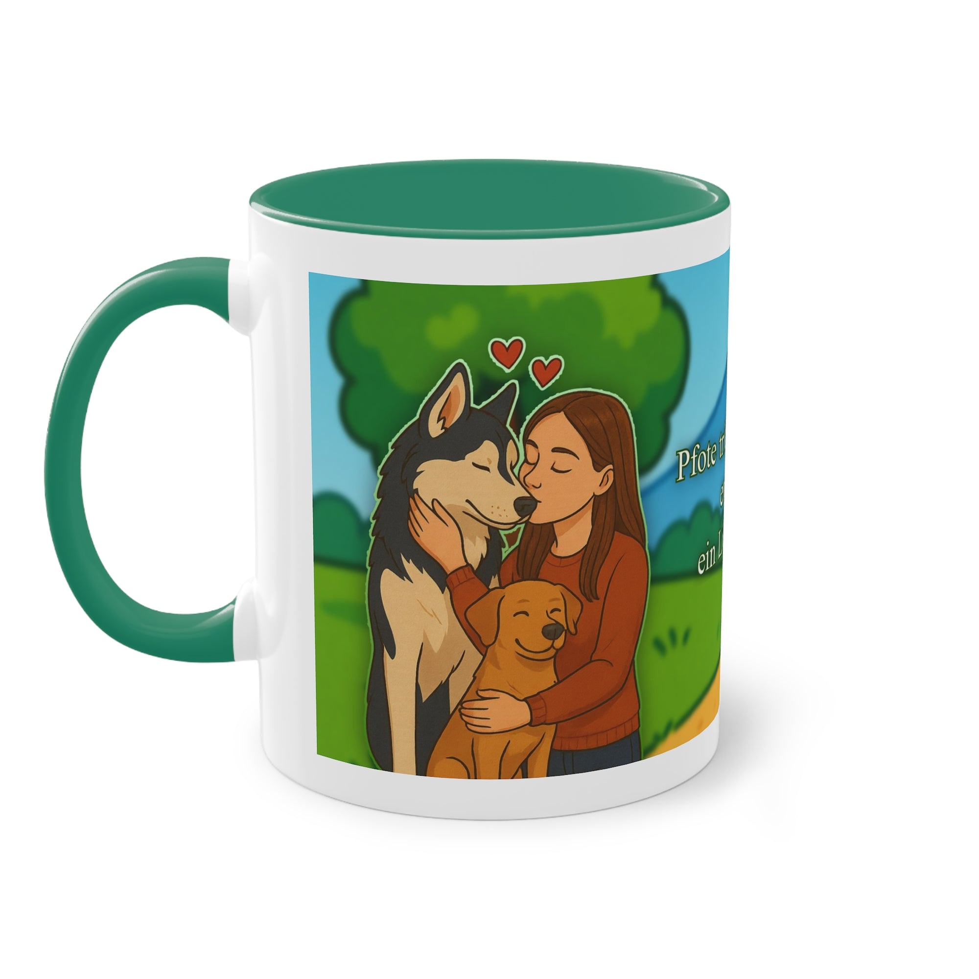 Tasse – „Hund und Katzenliebe mit Frau“ im Comic-Stil, 325 ml