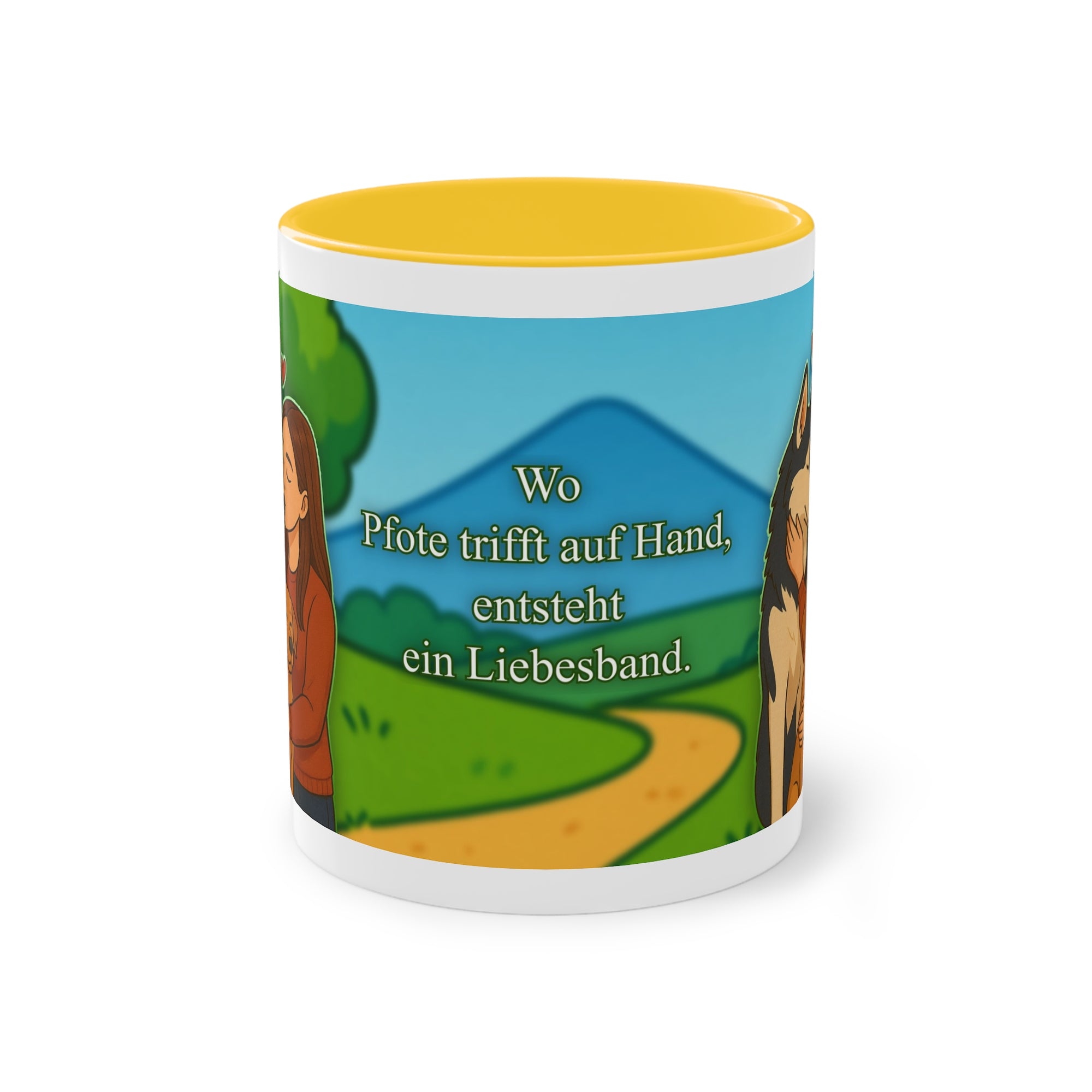 Tasse – „Hund und Katzenliebe mit Frau“ im Comic-Stil, 325 ml