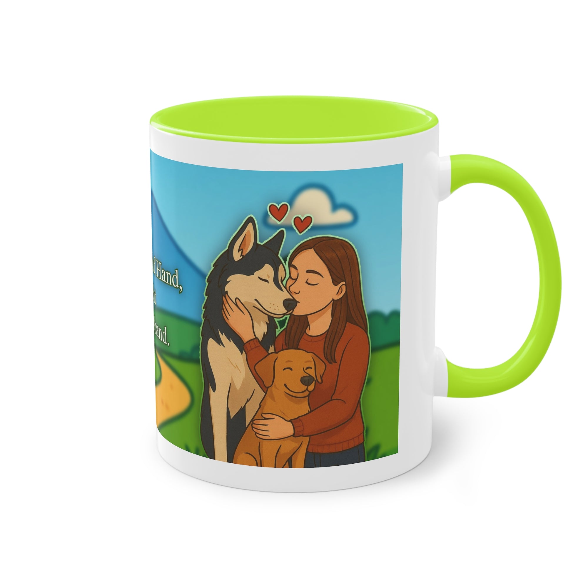 Tasse – „Hund und Katzenliebe mit Frau“ im Comic-Stil, 325 ml